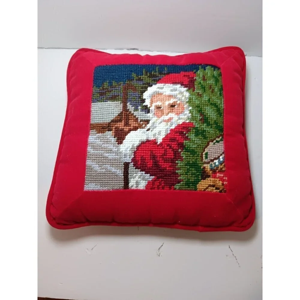 Needlepoint Crosstitch Christmas Pillow Santa Clause Red Velvet 8X9